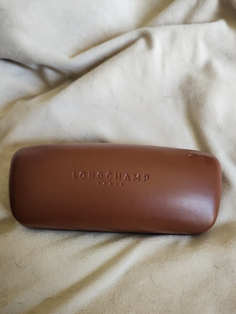Longchamp Hard Clam Shell Vegan Leather Eyeglass Case In Cognac Brown